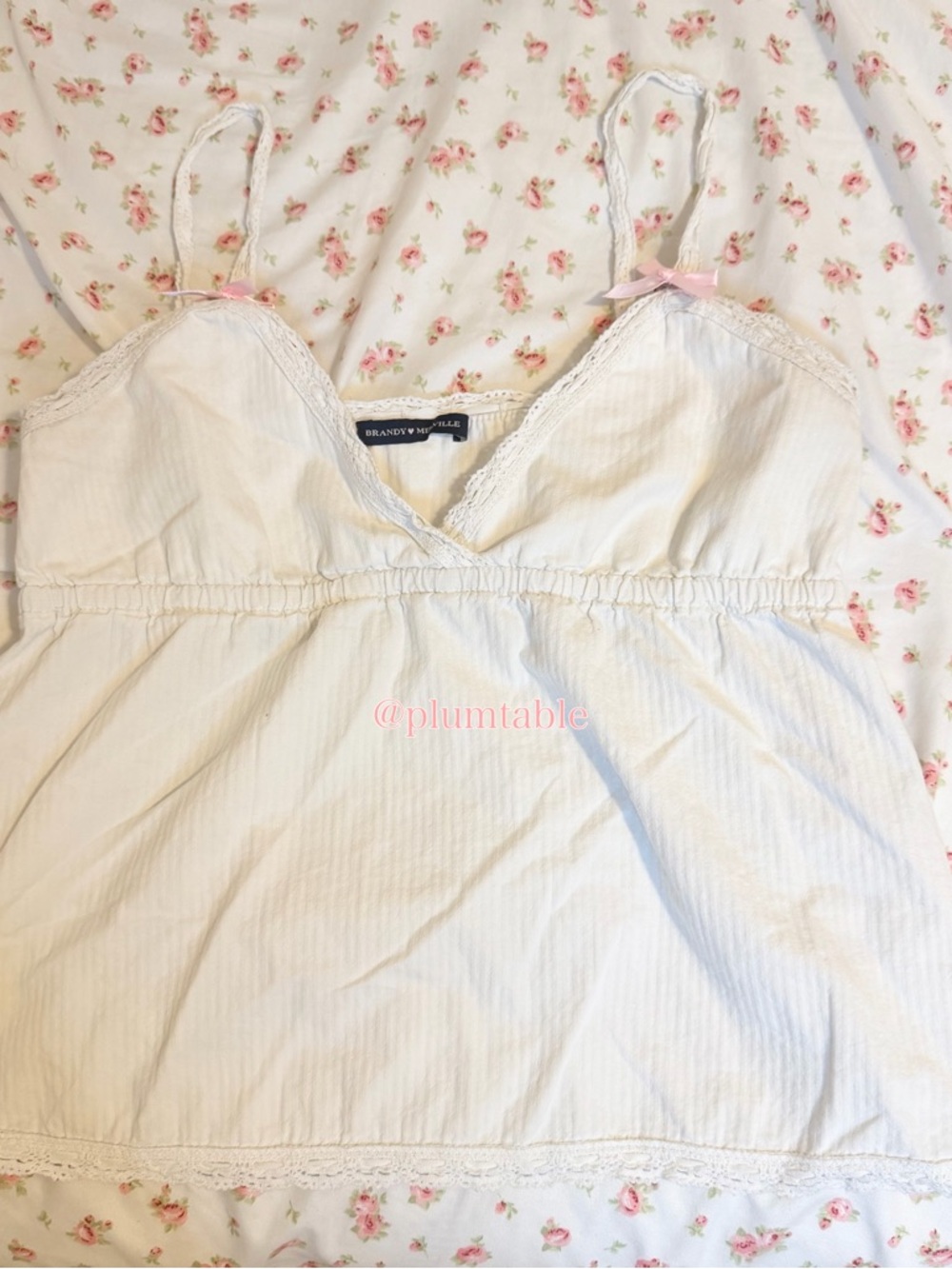 Brandy Melville Ivory Lace-Trim Sleep Cami with Pink Ribbon Accents